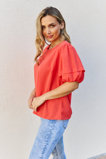 Petal Dew Sweet Innocence Full Size Puff Short Sleeve Top In Tomato-Teresa&#39;s Fashionista LLC