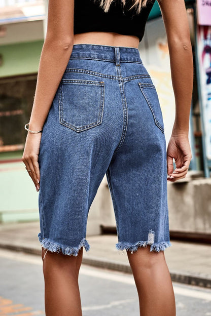 Raw Hem High Waist Denim Shorts with Pockets-Teresa&#39;s Fashionista LLC