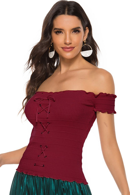 Lace-Up Front Lettuce Hem Off-Shoulder Knit Top-Teresa&#39;s Fashionista LLC