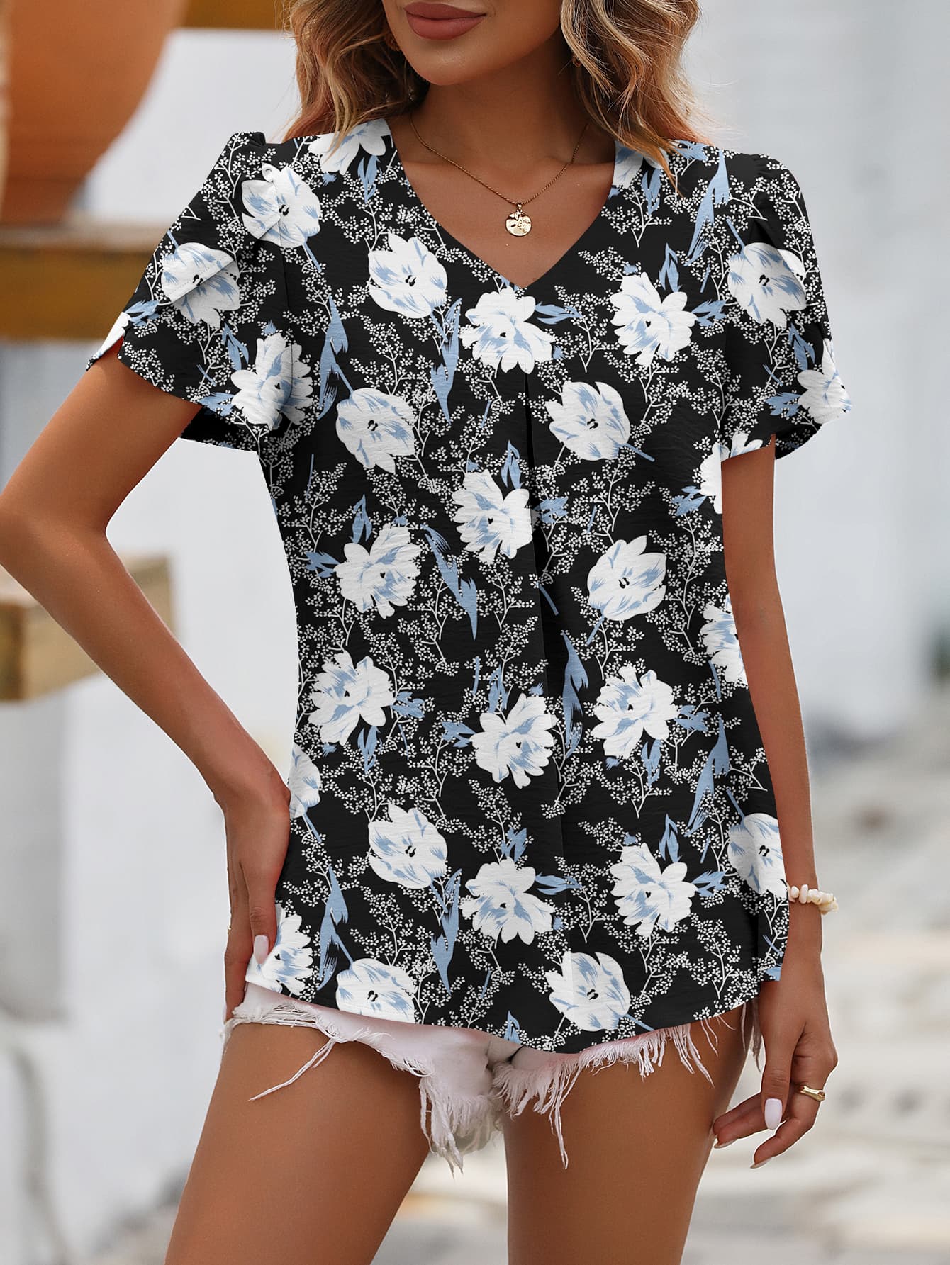 Ruche V-Neck Petal Sleeve Top-Teresa&#39;s Fashionista LLC