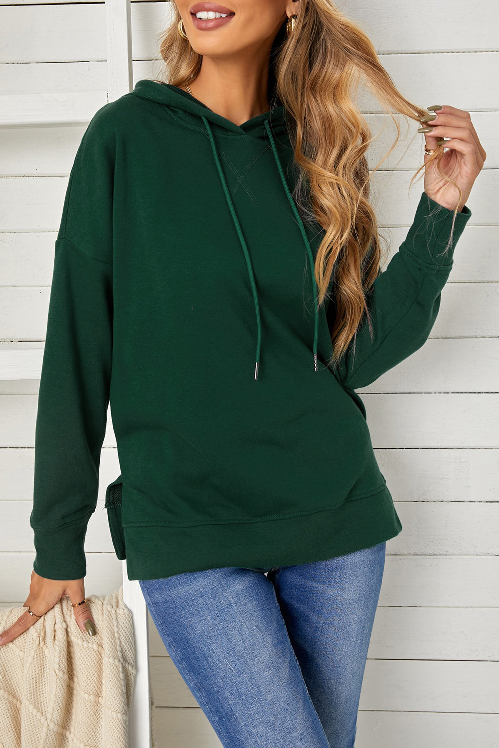 Drop Shoulder Hoodie with Slit-Teresa&#39;s Fashionista LLC