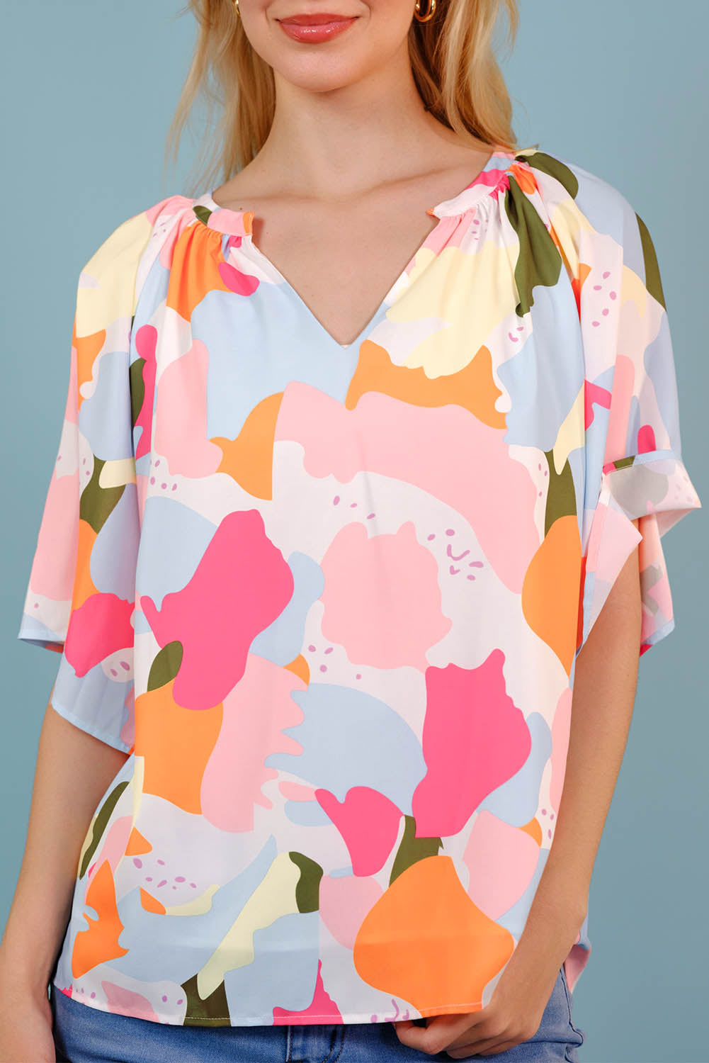 Printed Notched Neck Half Sleeve Blouse-Teresa&#39;s Fashionista LLC