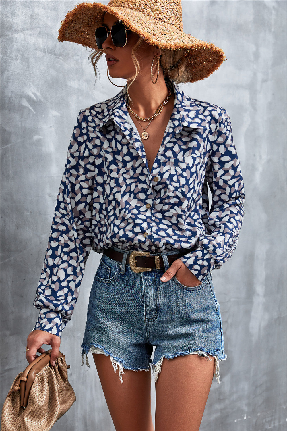 Printed Button Down Long Sleeve Shirt-Teresa&#39;s Fashionista LLC