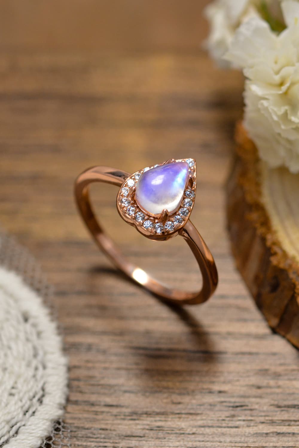 Moonstone Teardrop 925 Sterling Silver Halo Ring-Teresa&#39;s Fashionista LLC