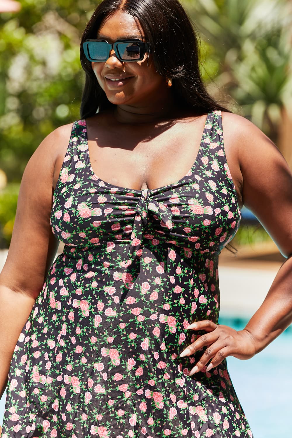 Marina West Swim Full Size Clear Waters Swim Dress in Black Roses-Teresa&#39;s Fashionista LLC