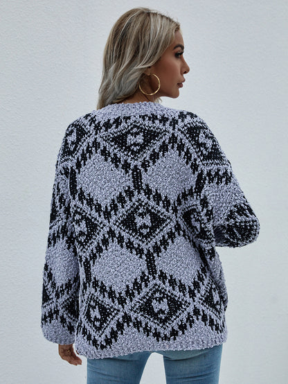 Geometric Print Chunky Knit Sweater-Teresa&#39;s Fashionista LLC