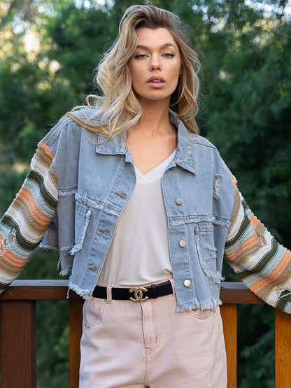 Distressed Striped Long Sleeve Denim Jacket-Teresa&#39;s Fashionista LLC