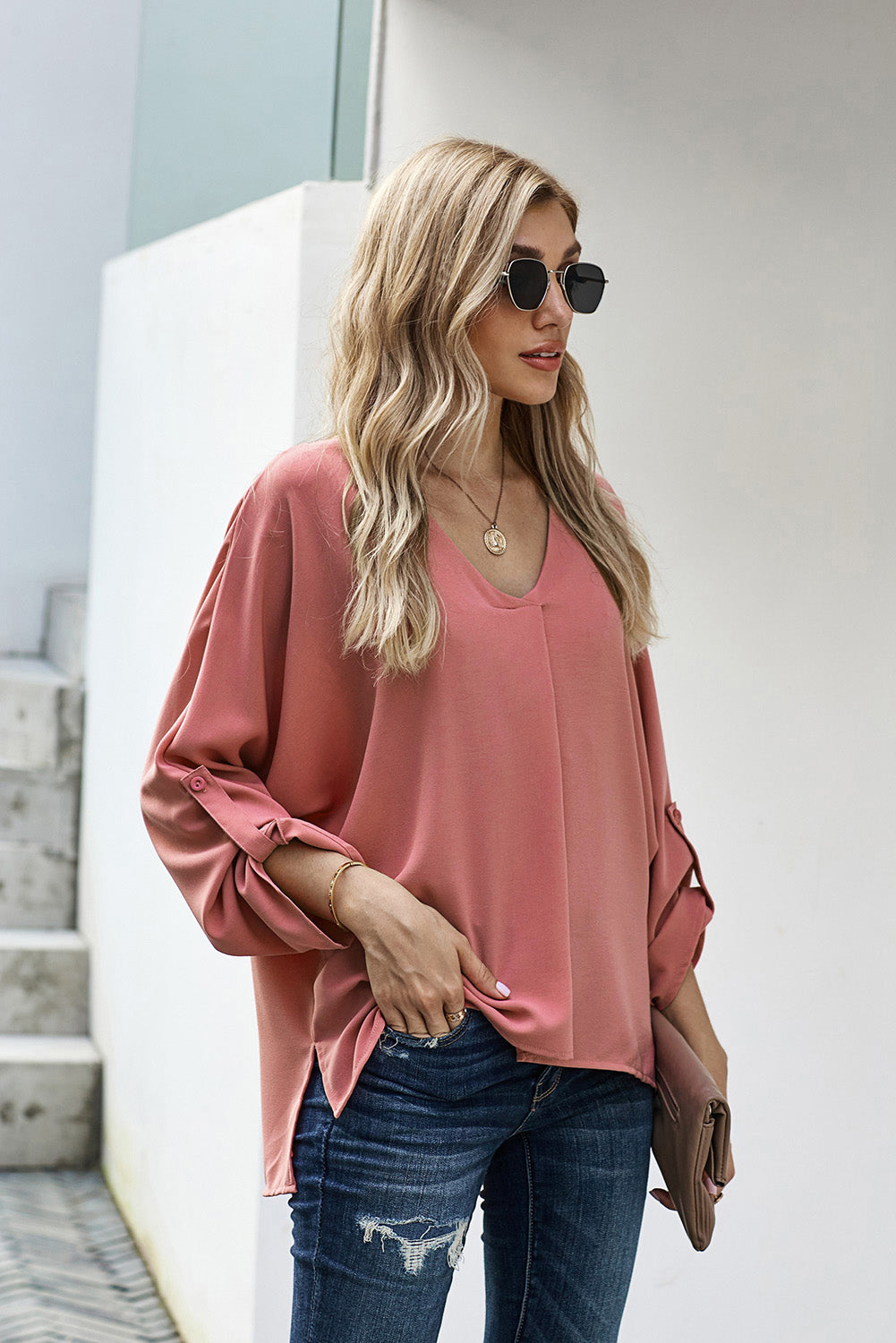 V-Neck Roll-Tab Sleeve Blouse-Teresa&#39;s Fashionista LLC