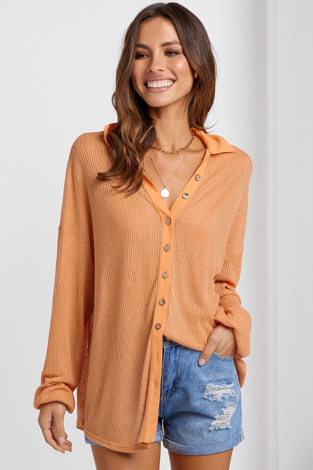 Button Front Dropped Shoulder Knit Shirt-Teresa&#39;s Fashionista LLC