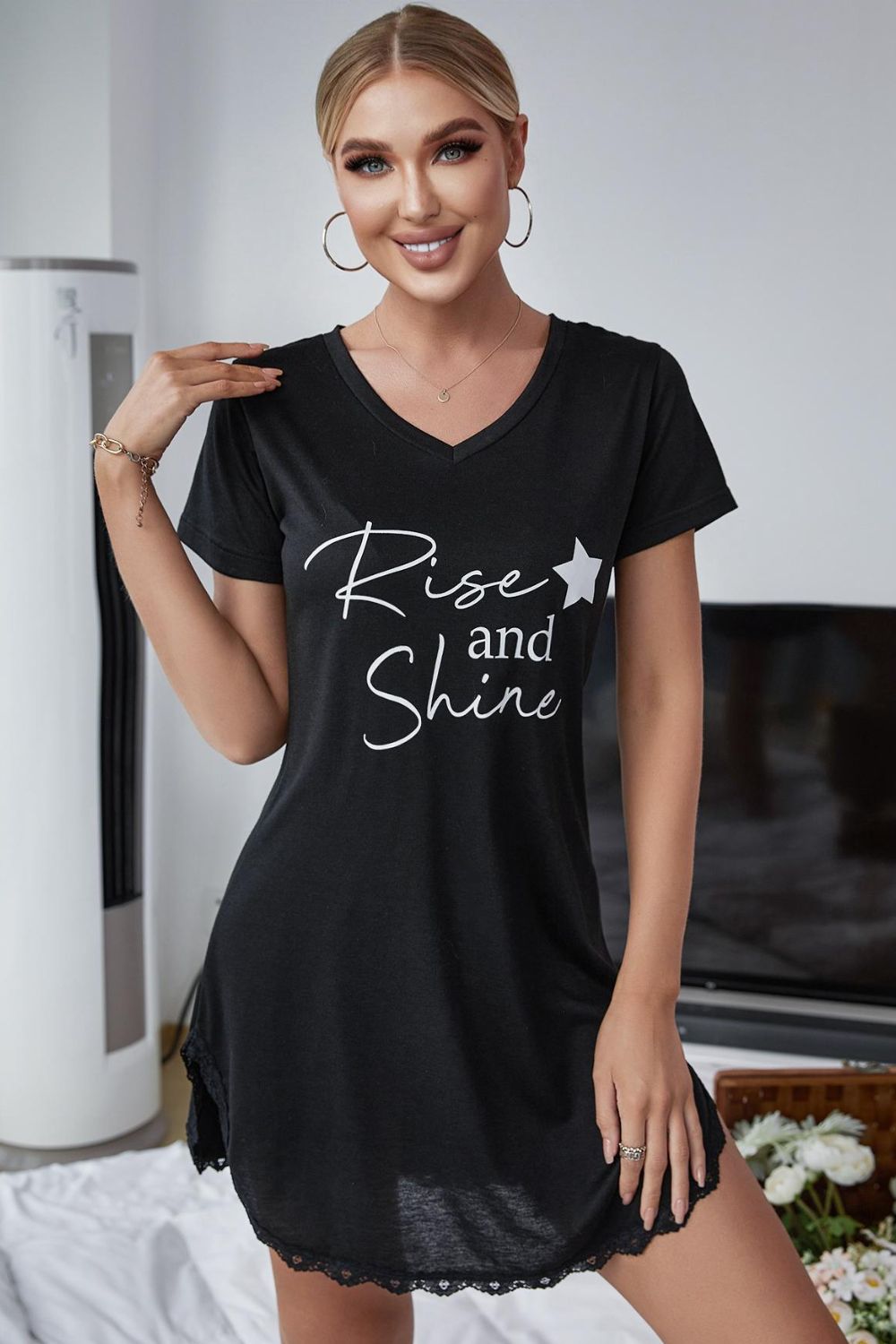 RISE AND SHINE Contrast Lace V-Neck T-Shirt Dress-Teresa&#39;s Fashionista LLC