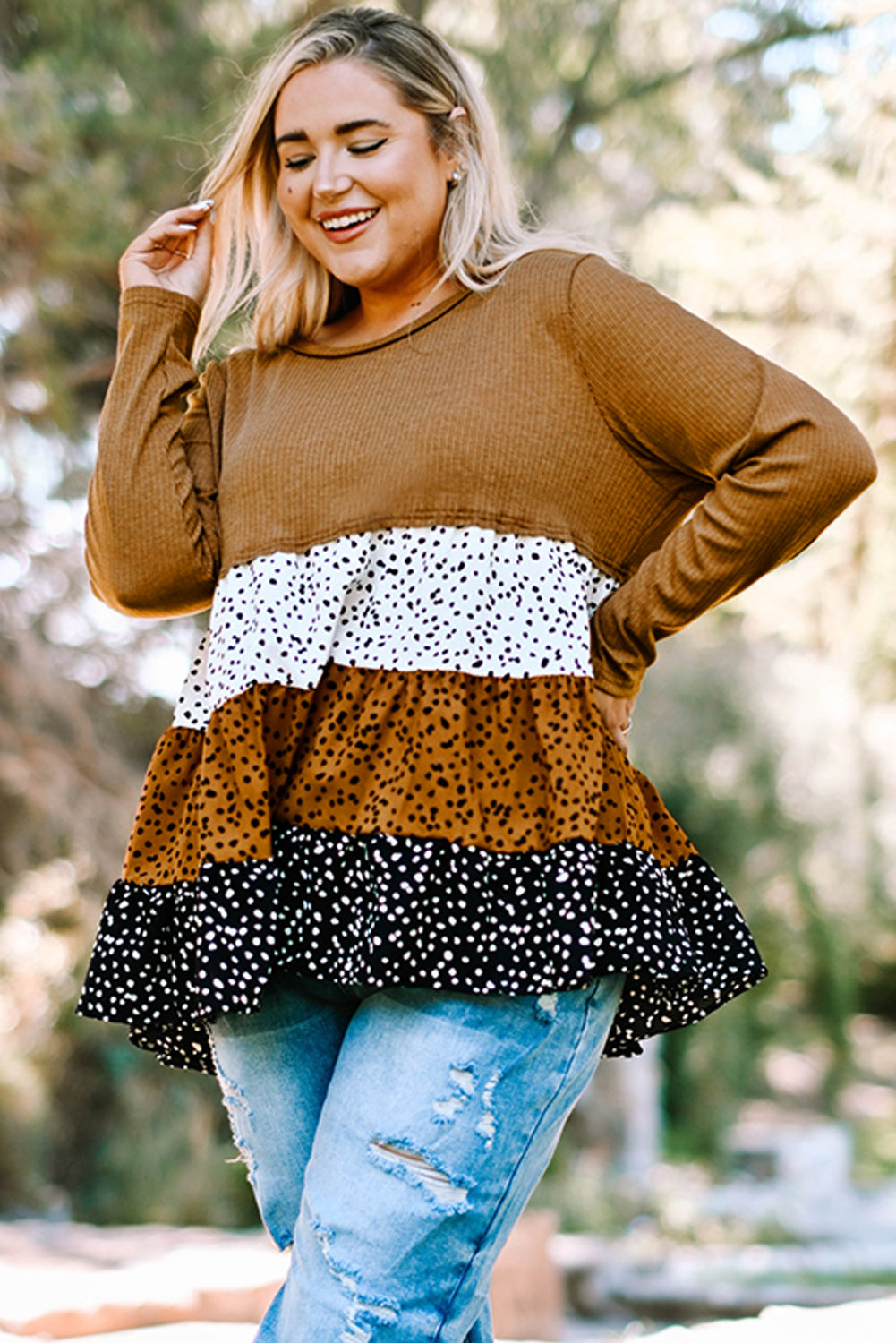 Plus Size Animal Print Color Block Ribbed Babydoll Top-Teresa&#39;s Fashionista LLC