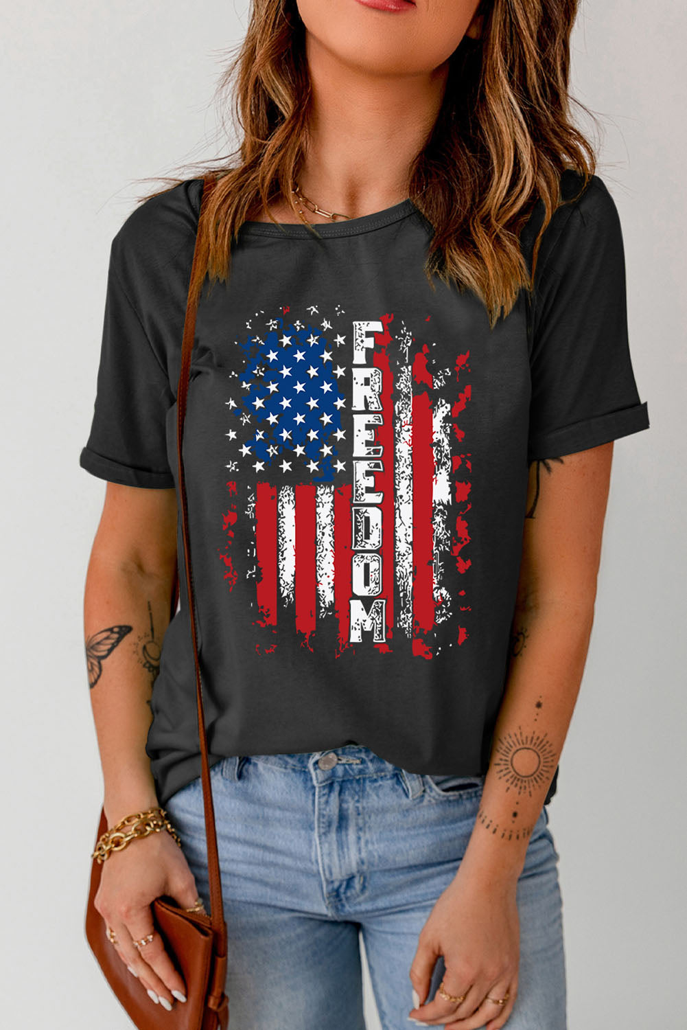 FREEDOM US Flag Graphic Round Neck Tee-Teresa&#39;s Fashionista LLC