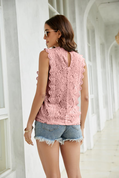 Lace Scalloped Keyhole V-Neck Tank-Teresa&#39;s Fashionista LLC