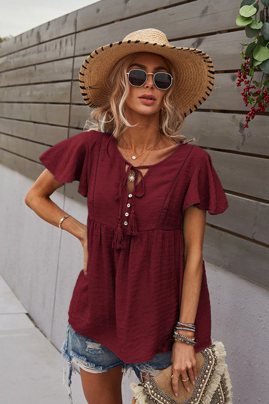 Tie Neck Flutter Sleeve Babydoll Top-Teresa&#39;s Fashionista LLC