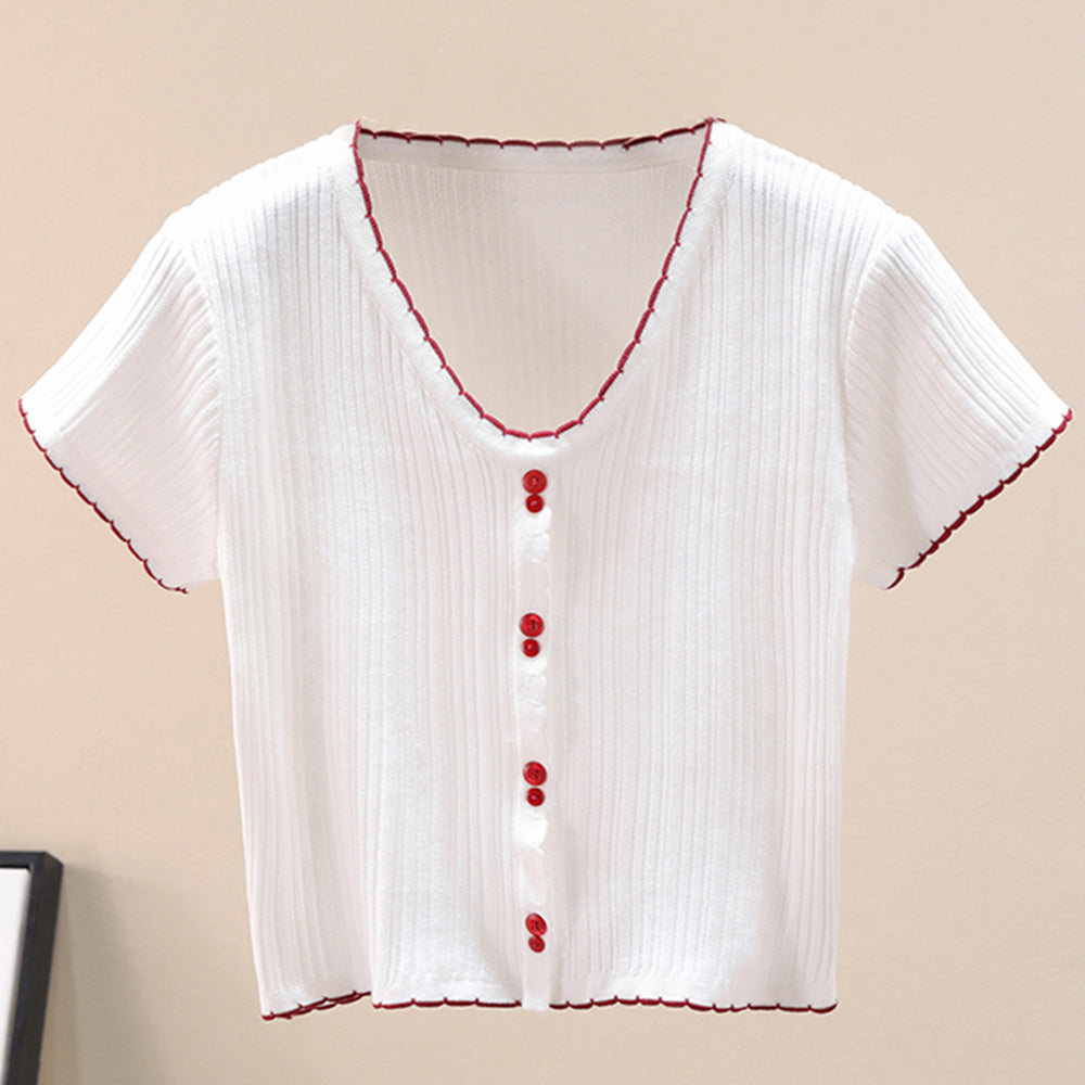 Contrast Decorative Button Short Sleeve Knit Top-Teresa&#39;s Fashionista LLC