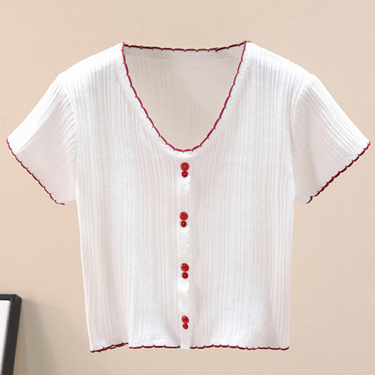 Contrast Decorative Button Short Sleeve Knit Top-Teresa&#39;s Fashionista LLC