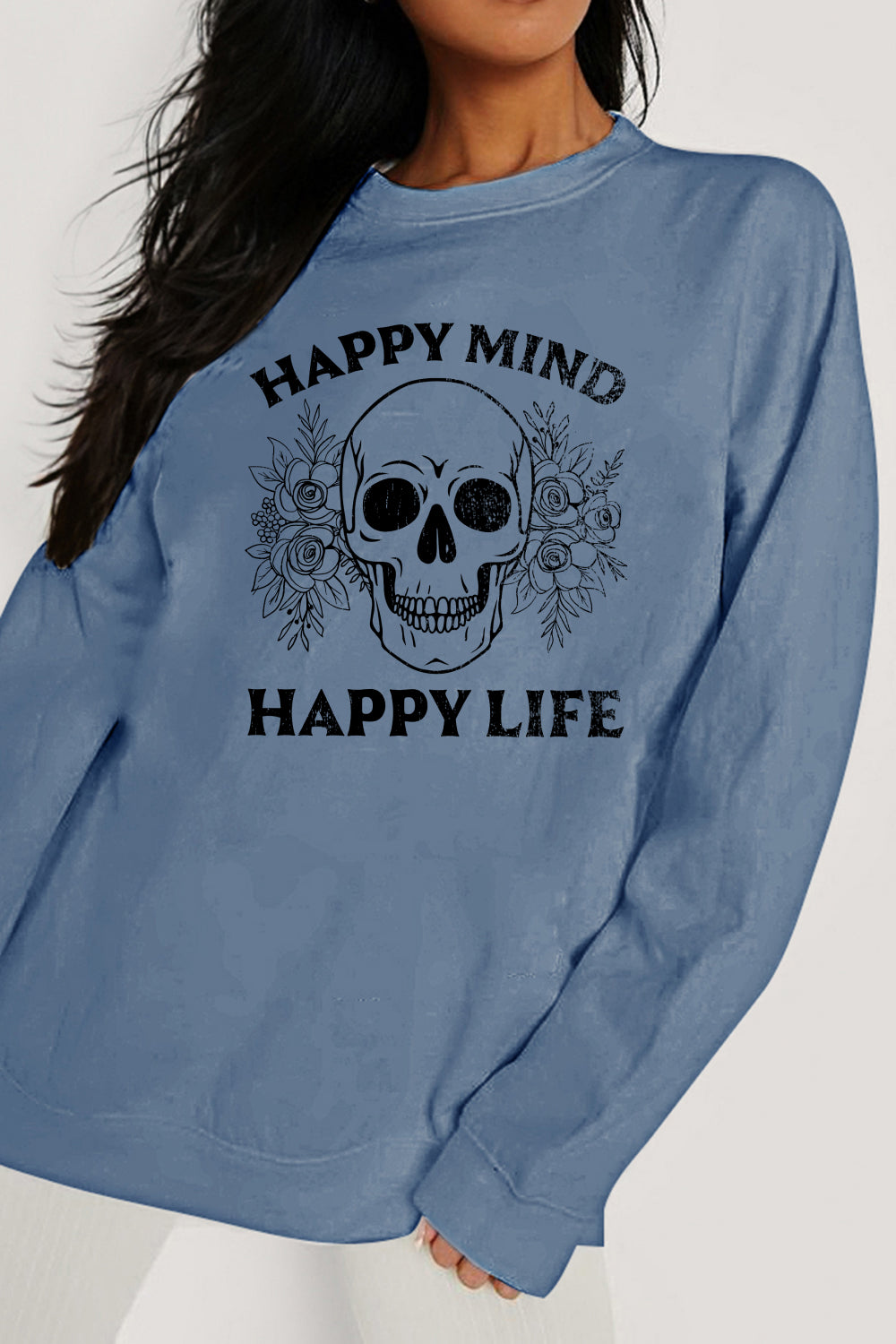 Simply Love Simply Love Full Size HAPPY MIND HAPPY LIFE SKULL Graphic Sweatshirt-Teresa&#39;s Fashionista LLC