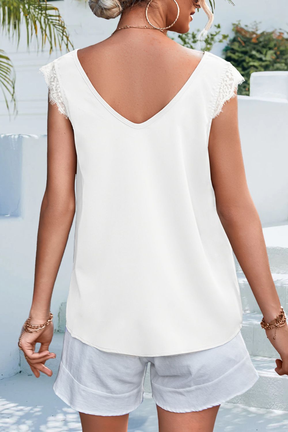 Lace Detail Eyelash Trim V-Neck Tank-Teresa&#39;s Fashionista LLC