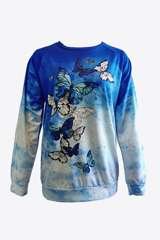 Tie-Dye Butterfly Graphic Raglan Sleeve Sweatshirt-Teresa&#39;s Fashionista LLC