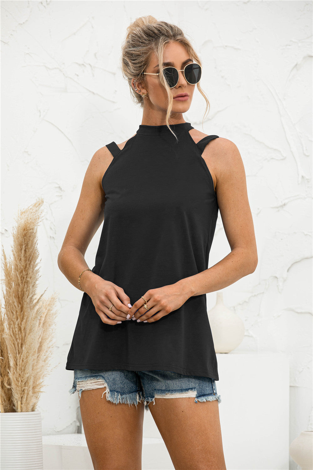 Cutout Mock Neck Tank-Teresa&#39;s Fashionista LLC