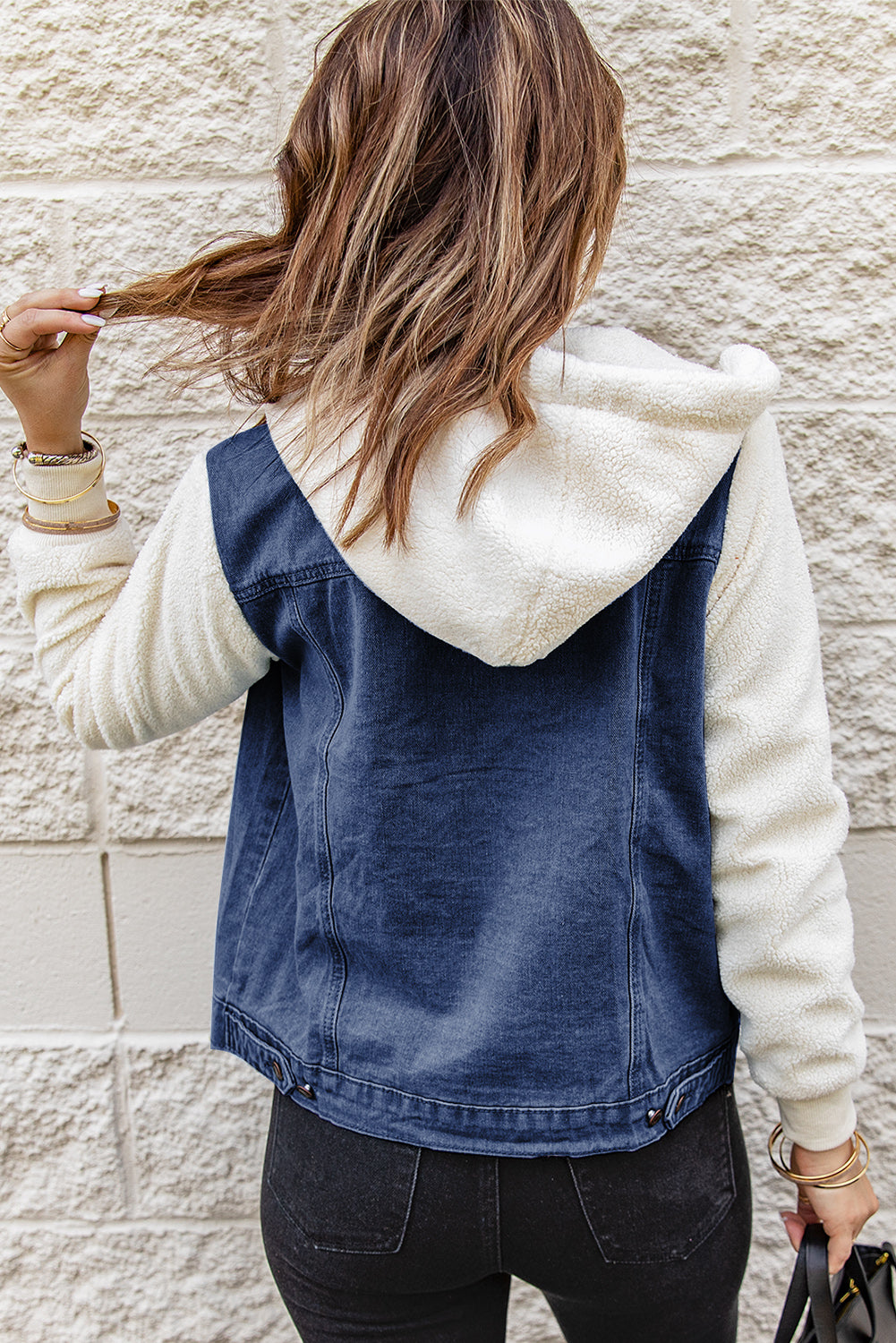 Two-Tone Spliced Denim Sherpa Hooded Jacket-Teresa&#39;s Fashionista LLC