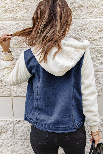 Two-Tone Spliced Denim Sherpa Hooded Jacket-Teresa&#39;s Fashionista LLC