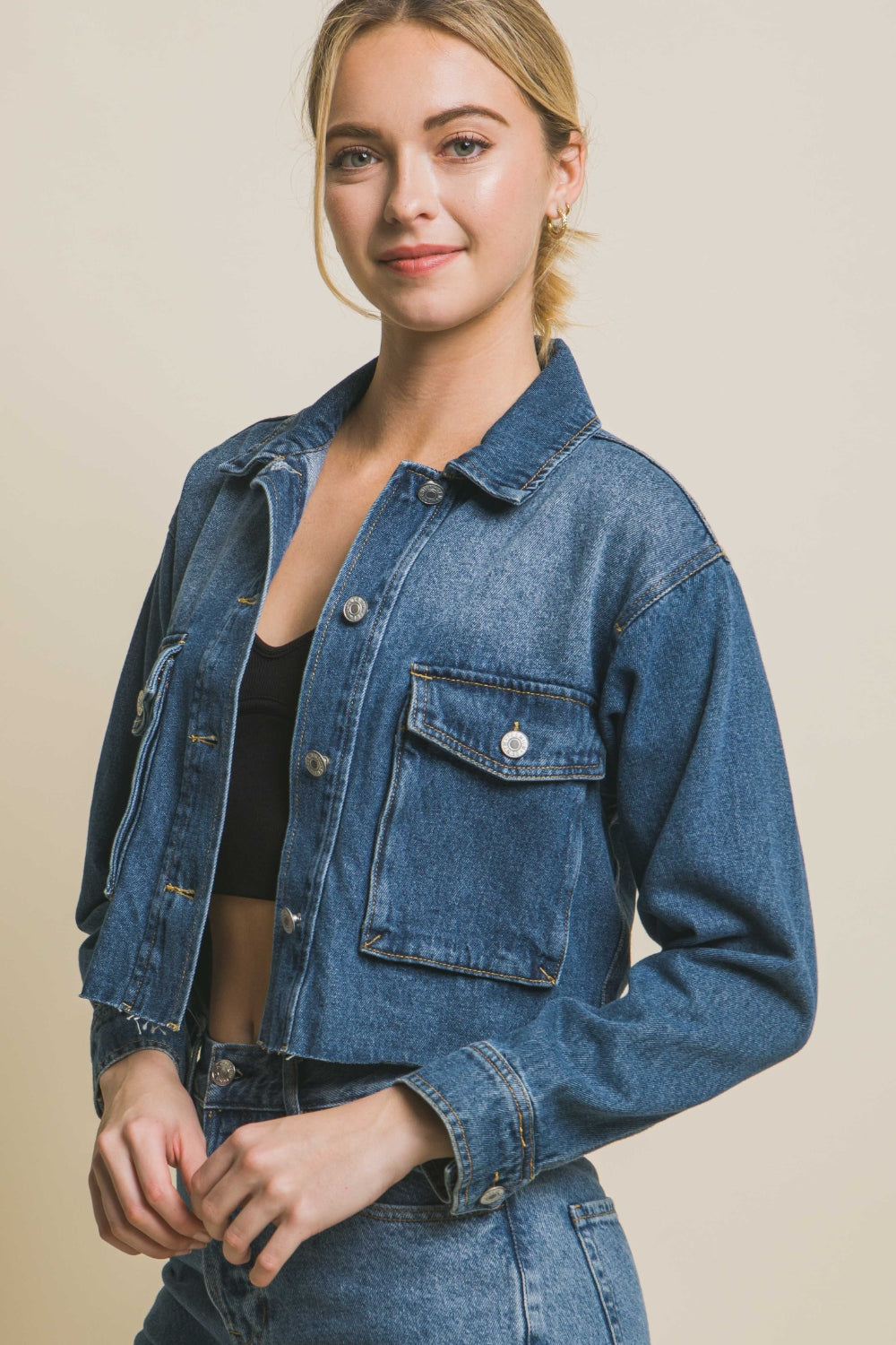 LOVE TREE Raw Hem Button Up Cropped Denim Jacket-Teresa&#39;s Fashionista LLC