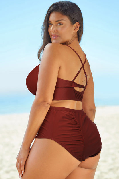 Halter Neck Crisscross Ruched Two-Piece Swimsuit-Teresa&#39;s Fashionista LLC