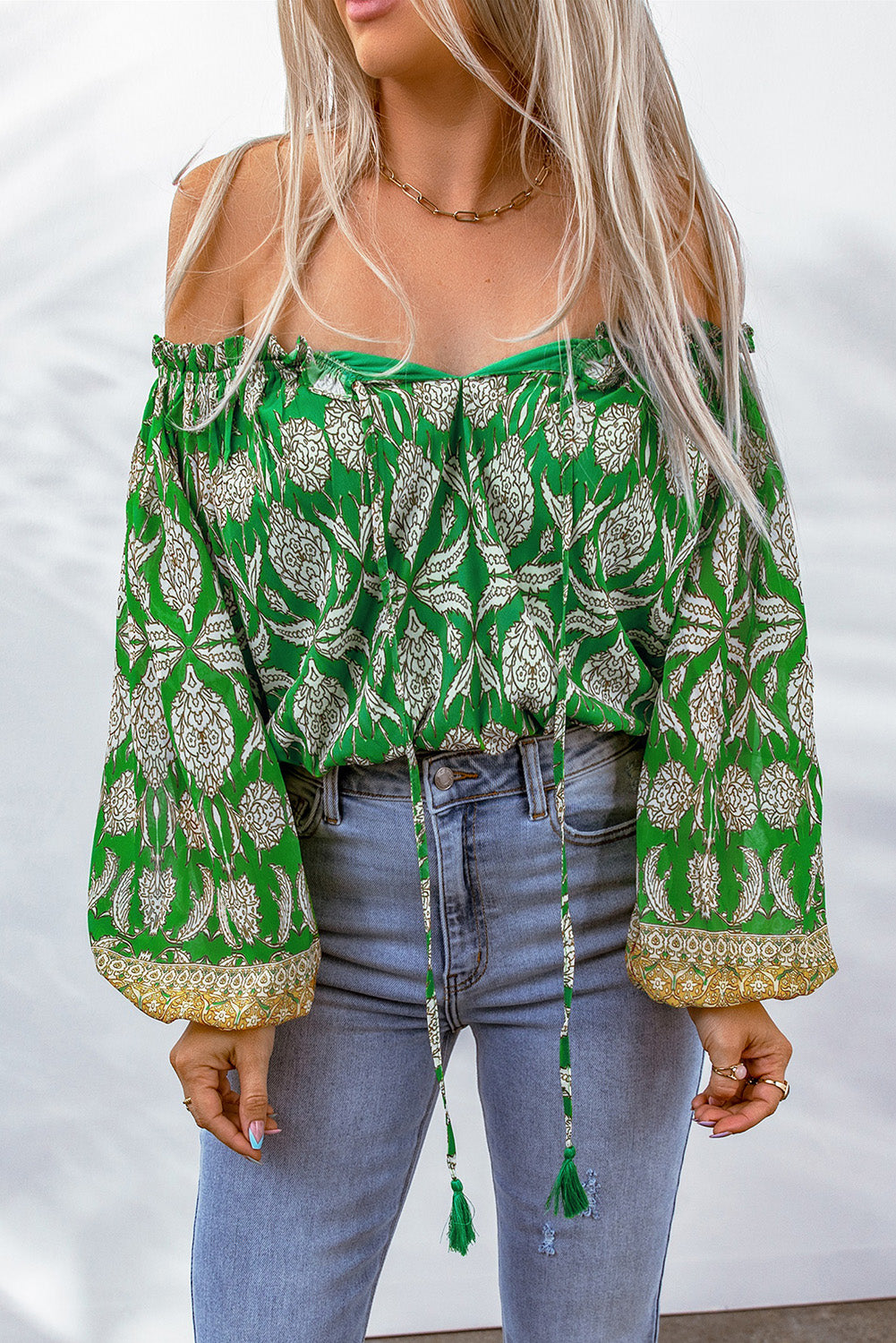 Printed Tassel Tie Balloon Sleeve Blouse-Teresa&#39;s Fashionista LLC