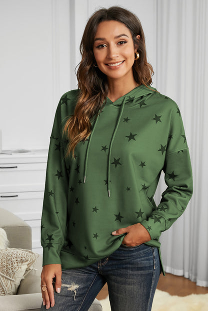 Star Print Drawstring Detail Hoodie-Teresa&#39;s Fashionista LLC