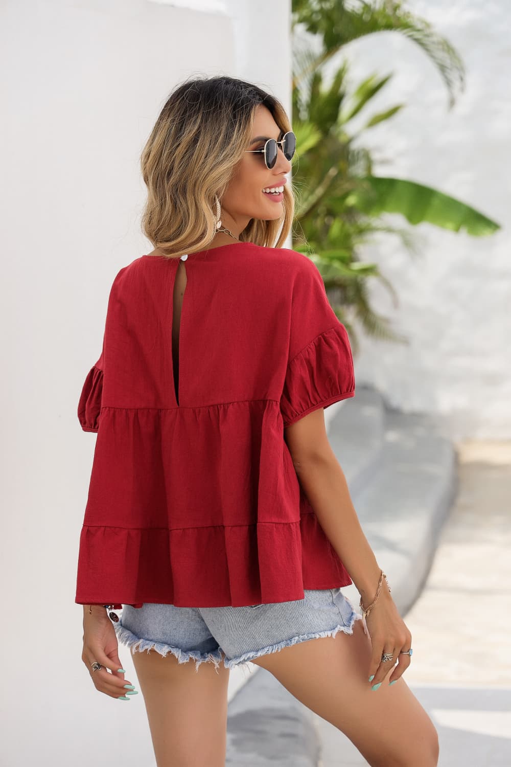 Round Neck Ruched Short Sleeve Blouse-Teresa&#39;s Fashionista LLC