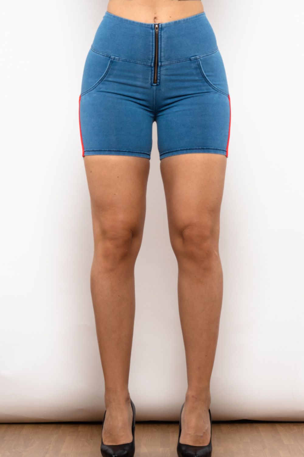 Full Size Side Stripe Zip Closure Denim Shorts-Teresa&#39;s Fashionista LLC