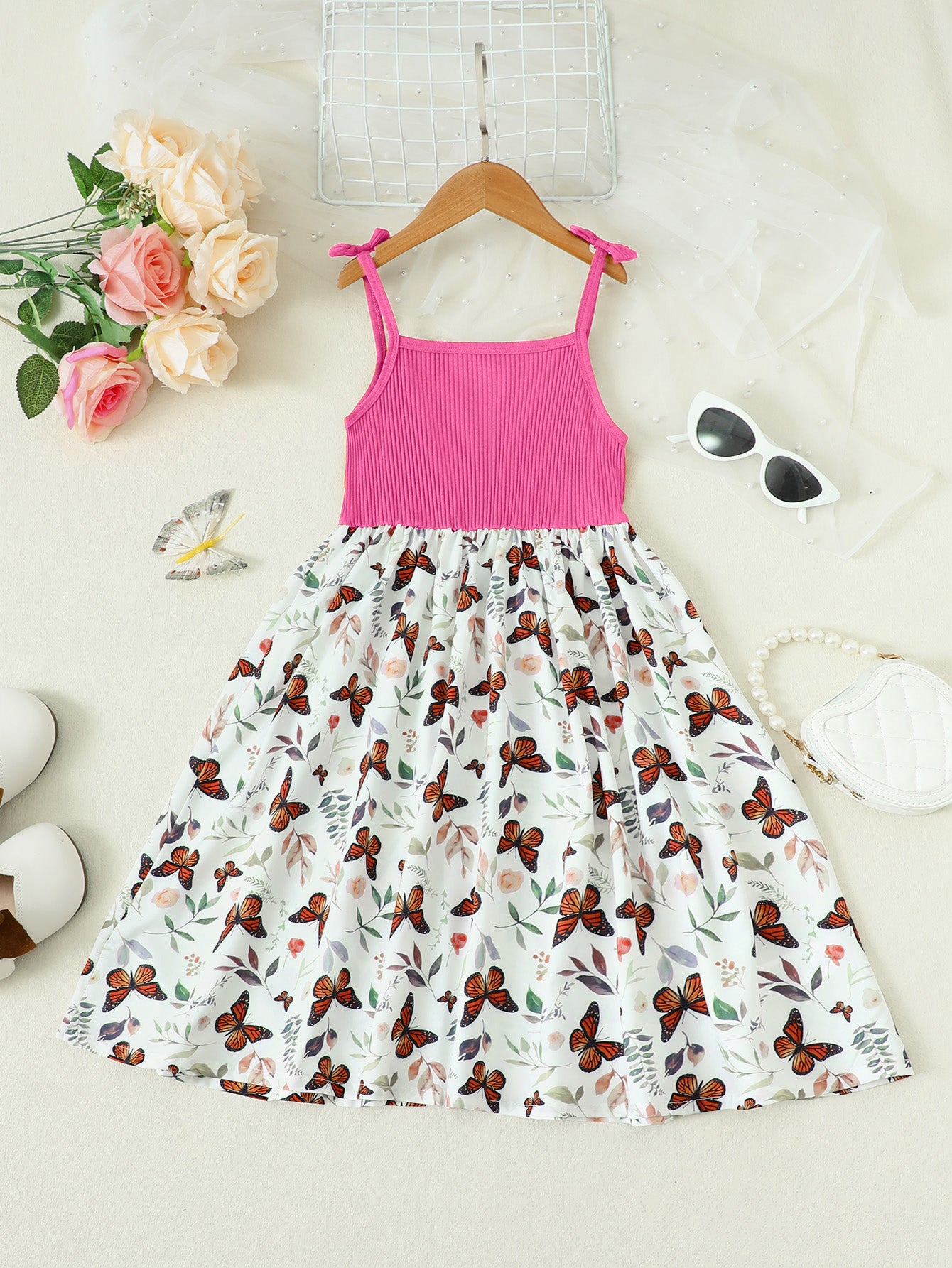 Butterfly Print Bow Detail Dress-Teresa&#39;s Fashionista LLC