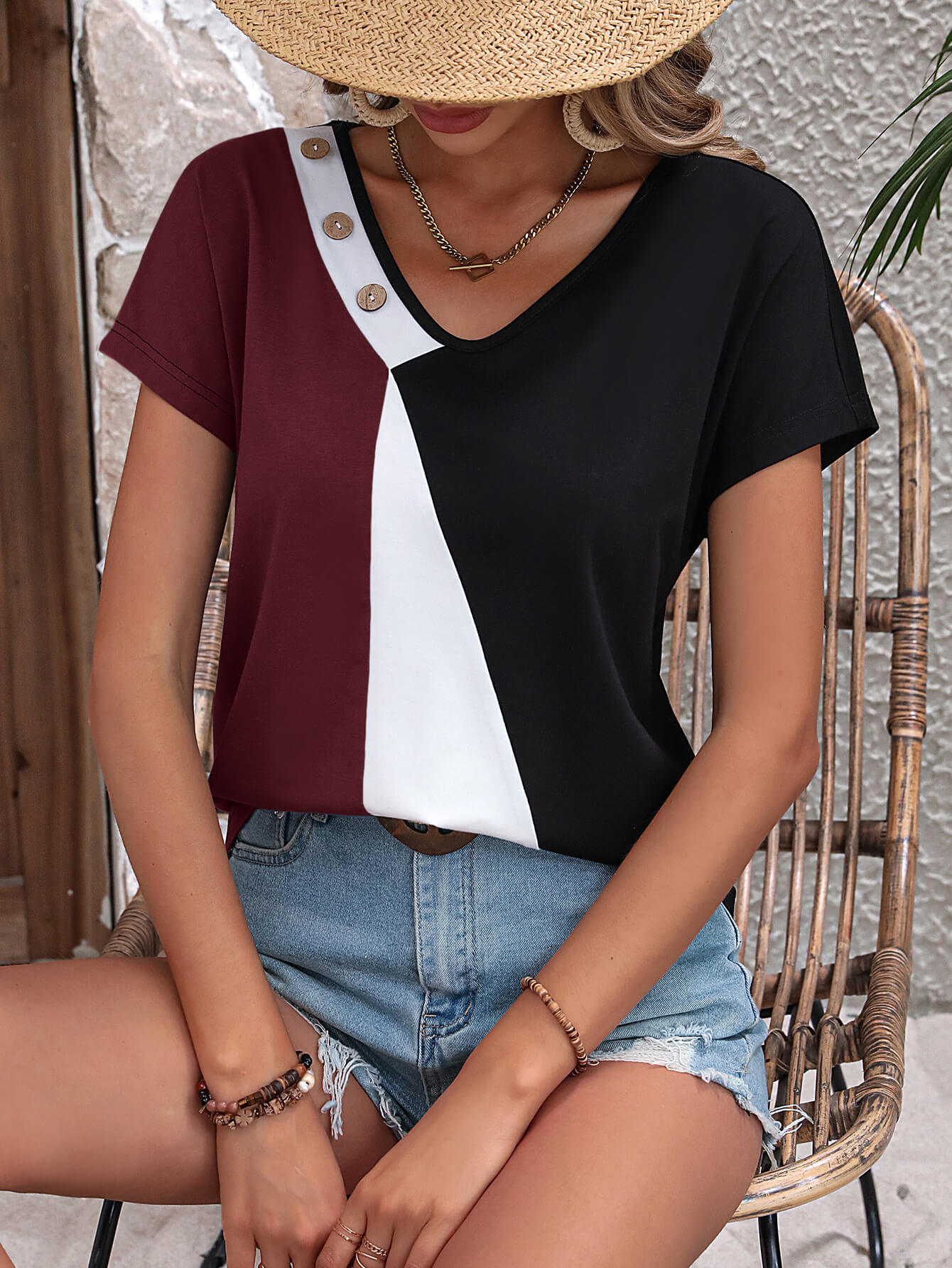 Color Block Decorative Button V-Neck Tee-Teresa&#39;s Fashionista LLC