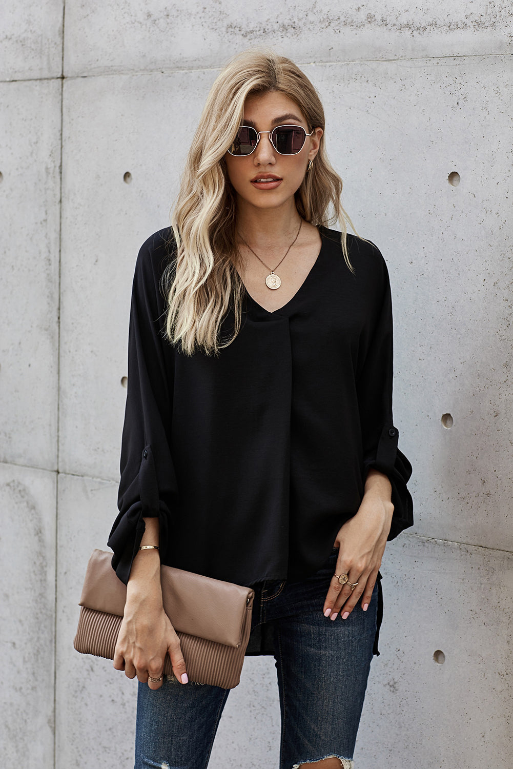 V-Neck Roll-Tab Sleeve Blouse-Teresa&#39;s Fashionista LLC