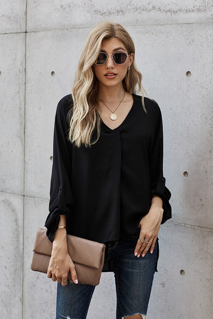 V-Neck Roll-Tab Sleeve Blouse-Teresa&#39;s Fashionista LLC