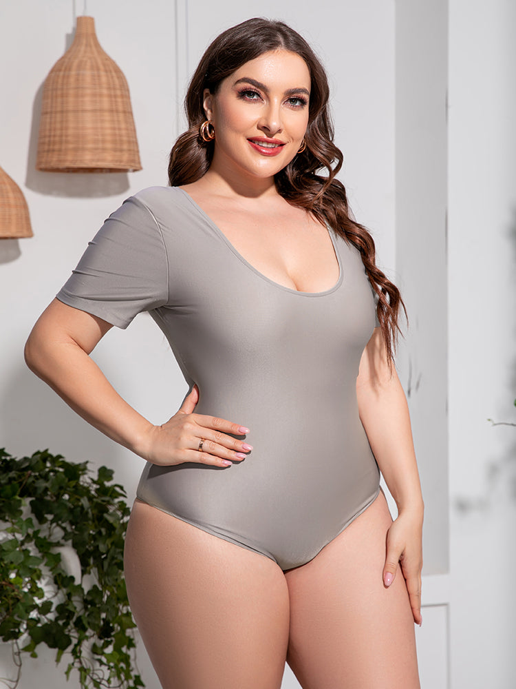 Plus Size Scoop Neck Short Sleeve One-Piece Swimsuit-Teresa&#39;s Fashionista LLC