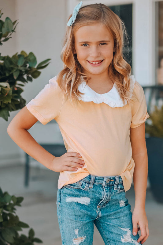 Girls Contrast Peter Pan Collar Short Sleeve Top-Teresa&#39;s Fashionista LLC