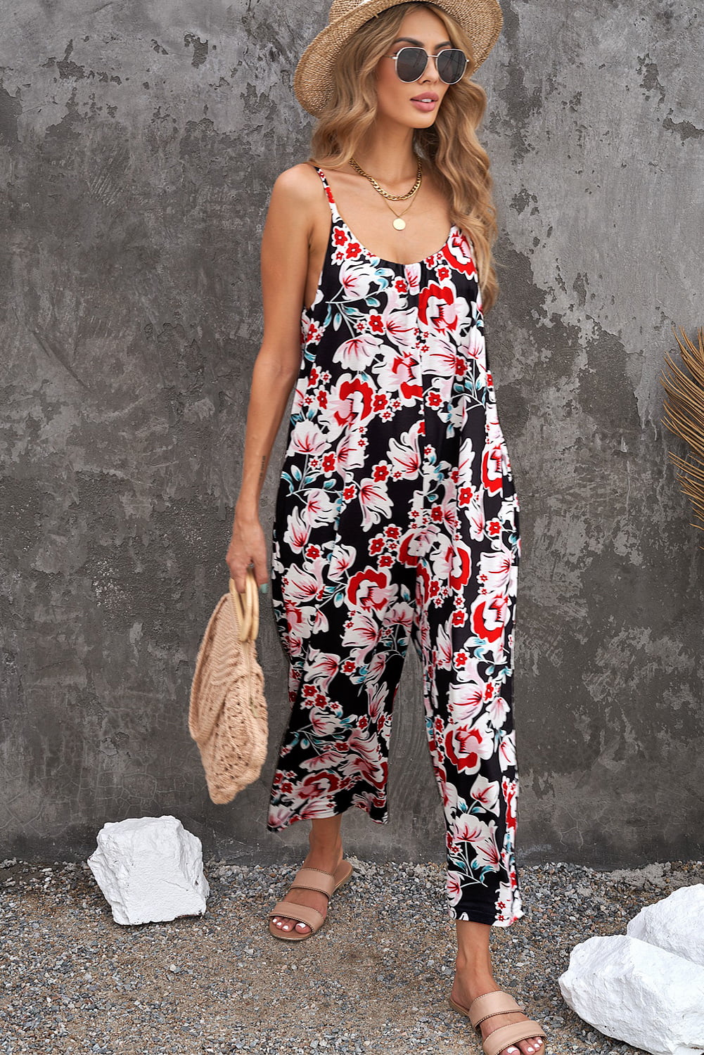 Botanical Print Spaghetti Strap Cropped Jumpsuit-Teresa&#39;s Fashionista LLC