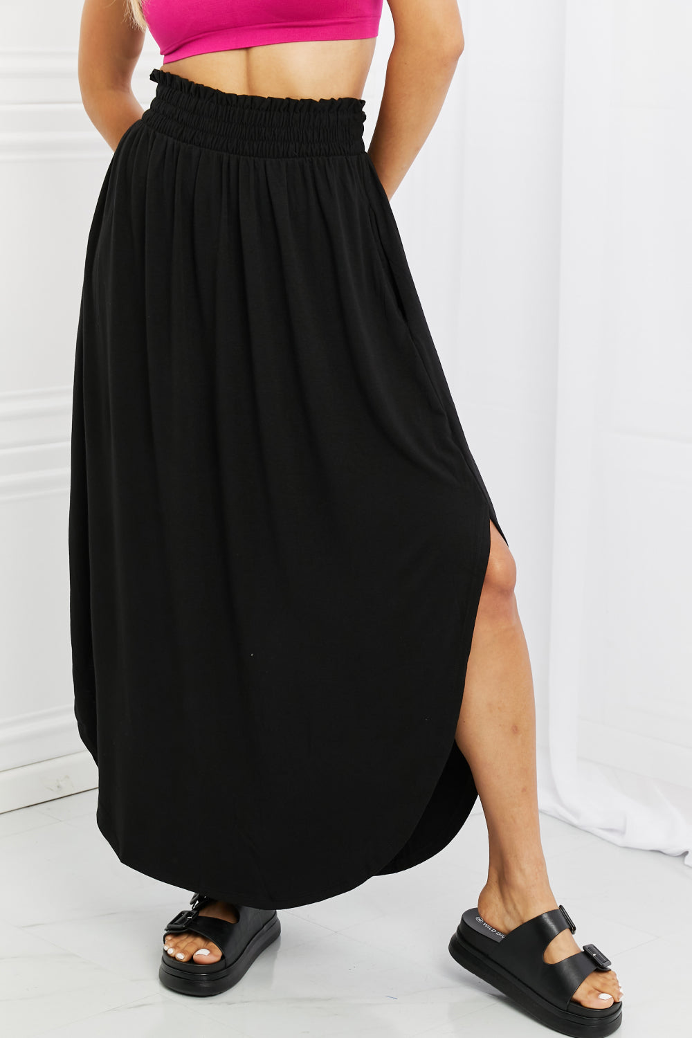 Zenana It's My Time Full Size Side Scoop Scrunch Skirt in Black-Teresa&#39;s Fashionista LLC