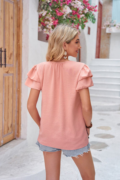 Layered Flutter Sleeve Tie Neck Top-Teresa&#39;s Fashionista LLC