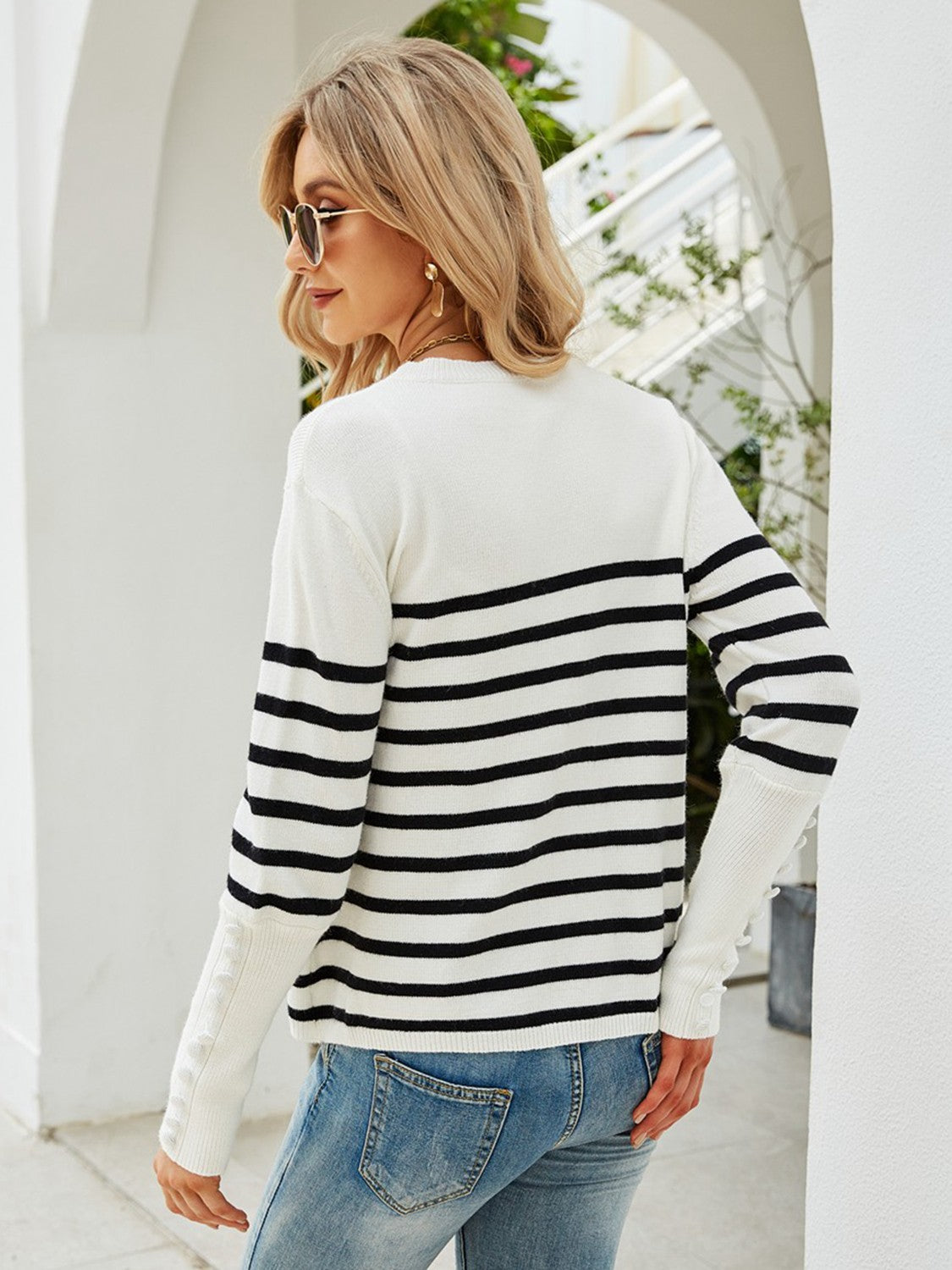 Striped Decorative Button Knit Top-Teresa&#39;s Fashionista LLC