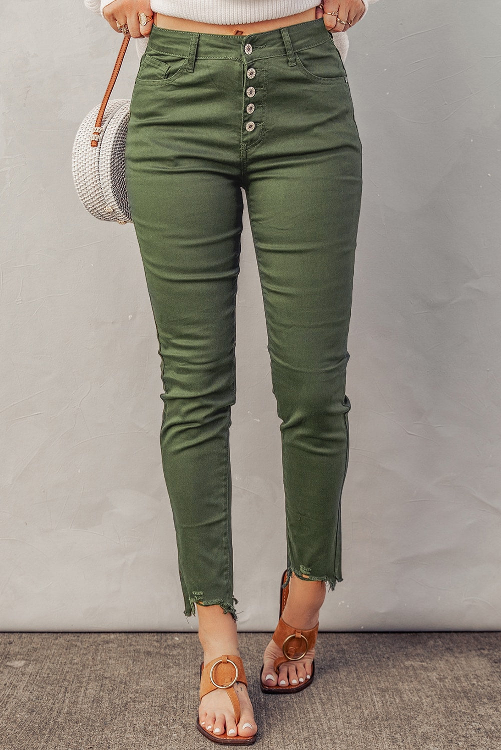 Button Fly Hem Detail Skinny Jeans-Teresa&#39;s Fashionista LLC