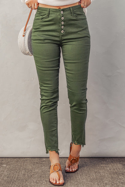 Button Fly Hem Detail Skinny Jeans-Teresa&#39;s Fashionista LLC