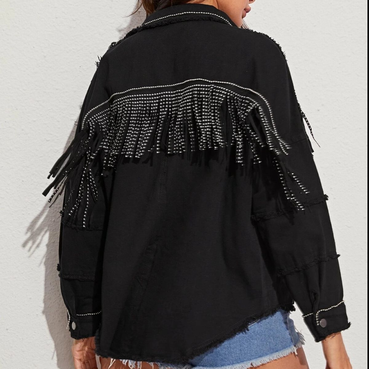 Fringe Detail Button-Down Collared Neck Denim Jacket-Teresa&#39;s Fashionista LLC