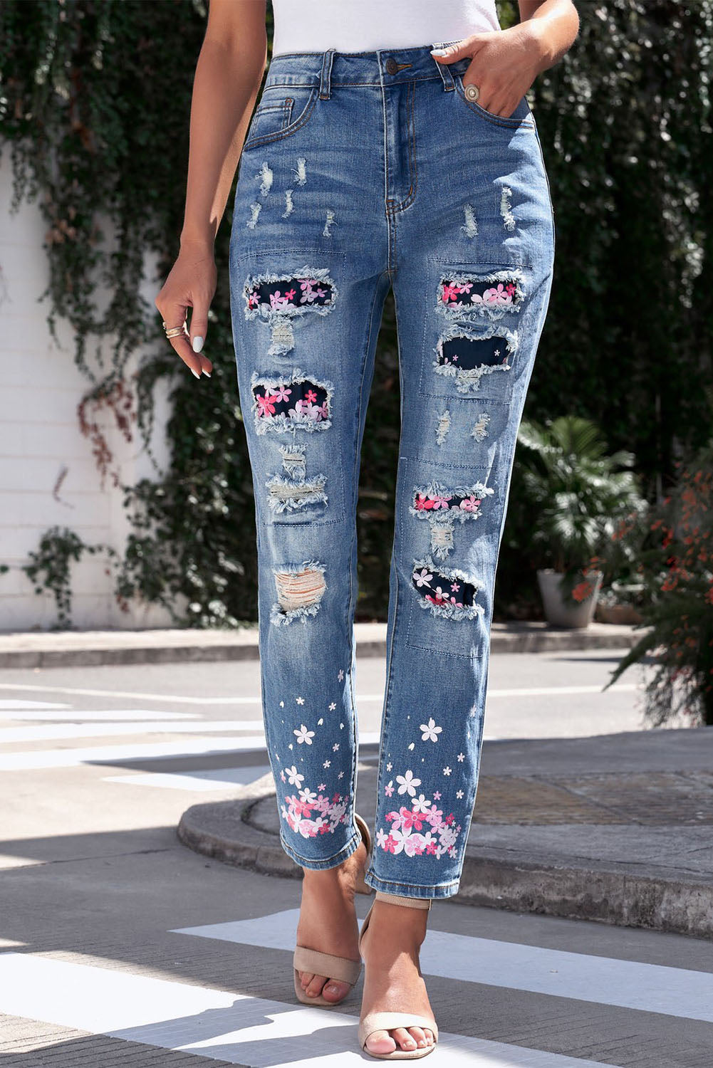 Printed Patch Distressed Boyfriend Jeans-Teresa&#39;s Fashionista LLC