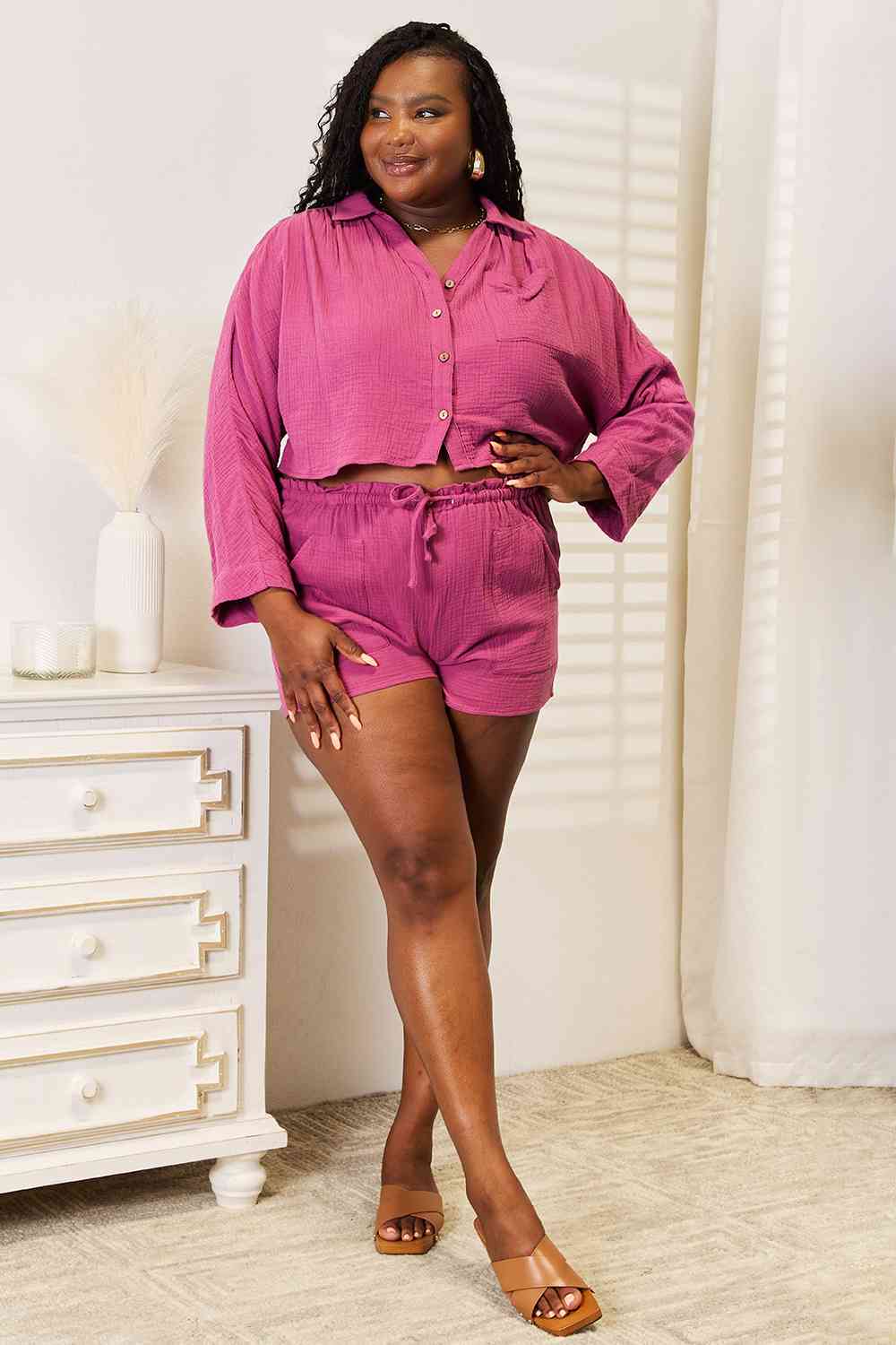 Basic Bae Buttoned Long Sleeve Top and Shorts Set-Teresa&#39;s Fashionista LLC