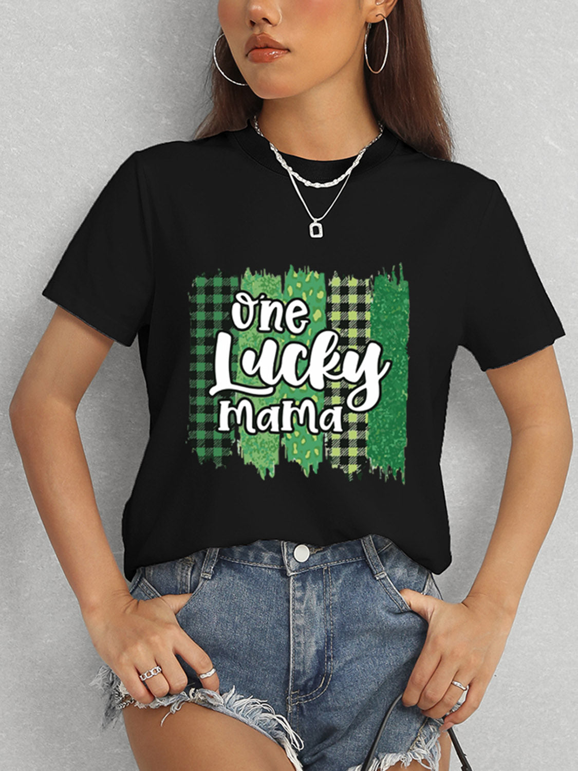 ONE LUCKY MAMA Round Neck T-Shirt-Teresa&#39;s Fashionista LLC