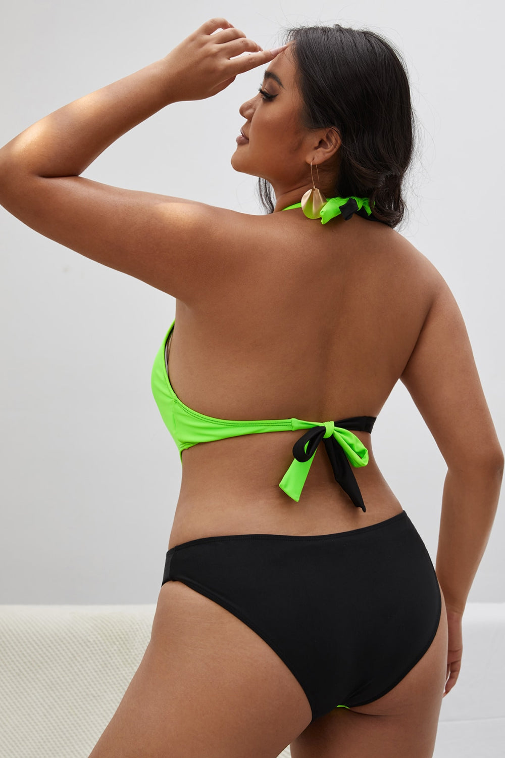 Plus Size Contrast Halter Neck Tied One-Piece Swimsuit-Teresa&#39;s Fashionista LLC