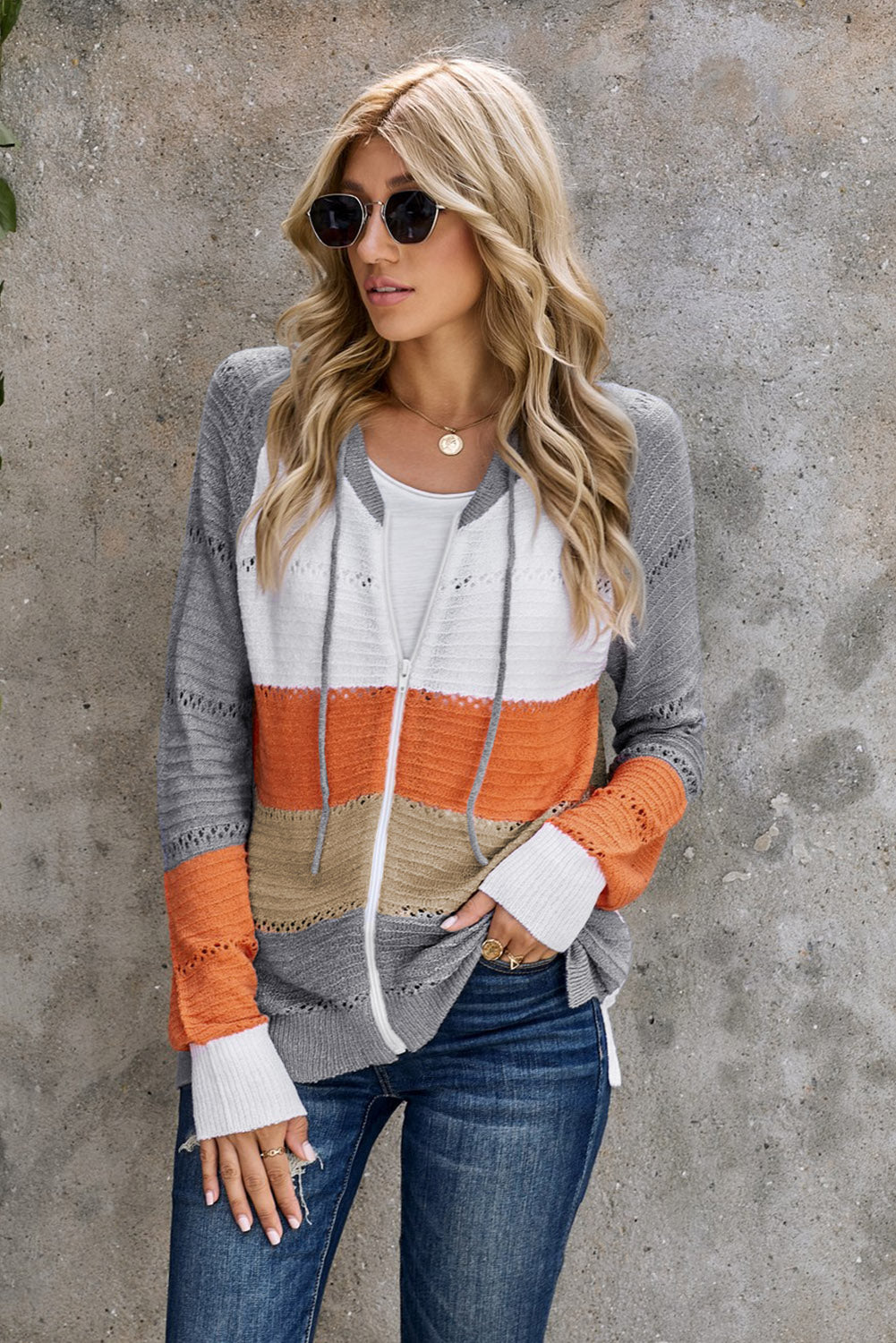 Zip-Up Raglan Sleeve Openwork Hooded Cardigan-Teresa&#39;s Fashionista LLC